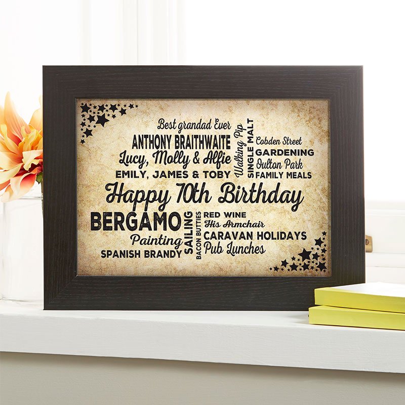 70th birthday personalised gift for him ideas word art for walls typography print