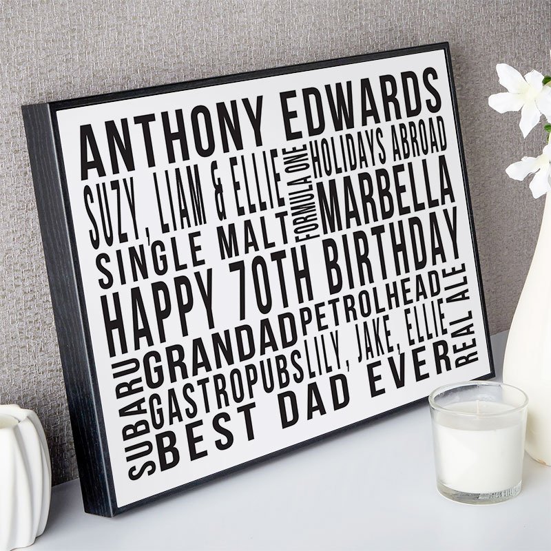 70th birthday present for men personalised word canvas landscape likes