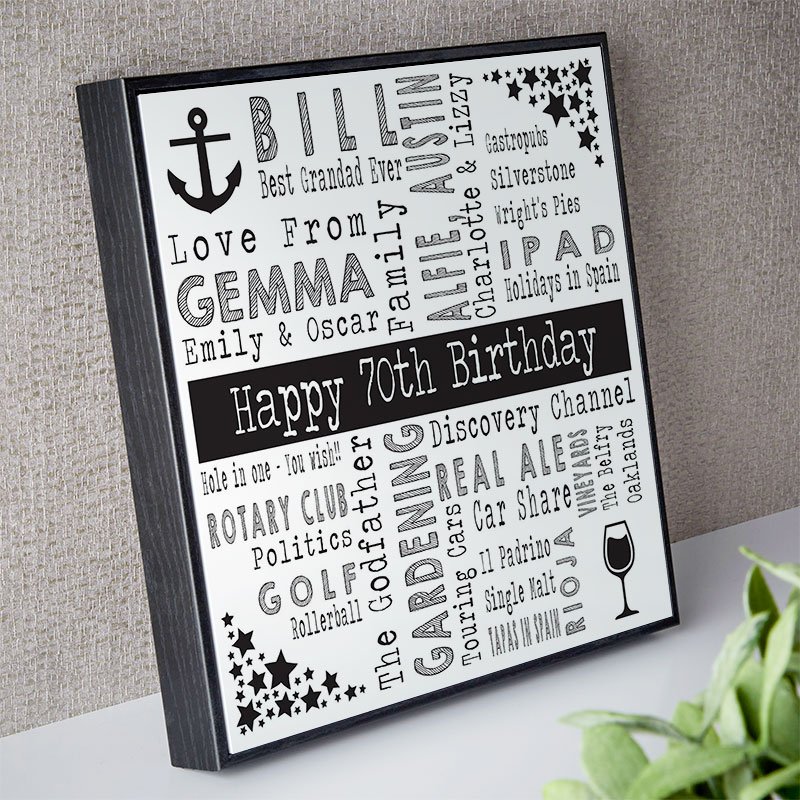 personalised gift for mens 70th birthday word art picture print square corner