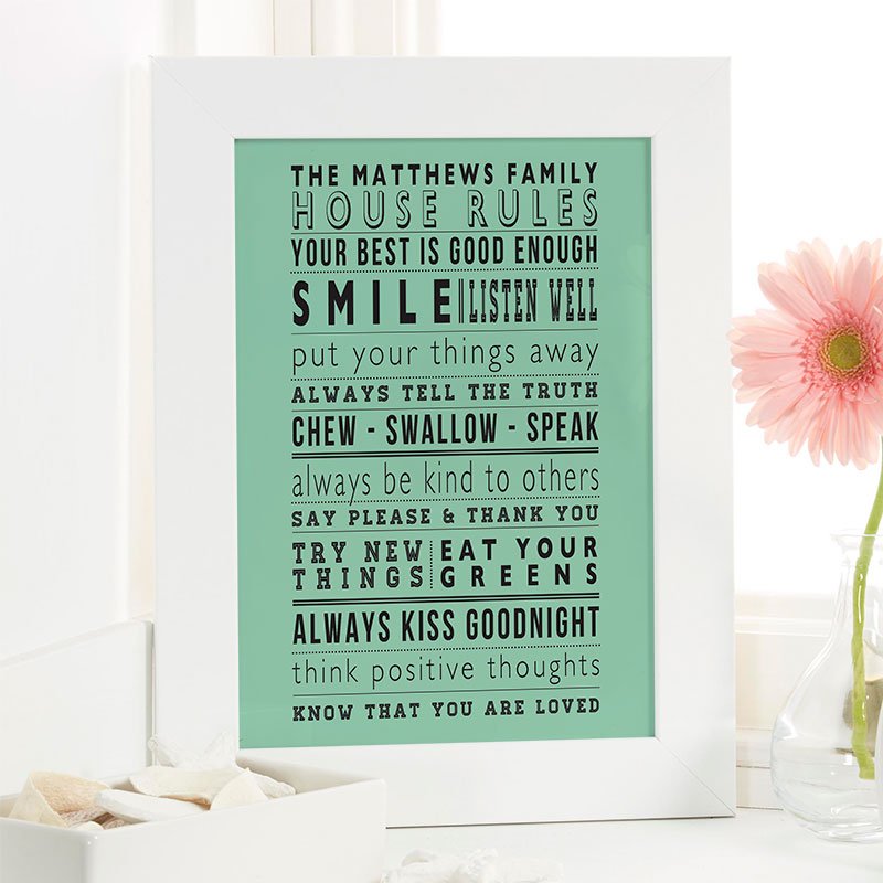personalised typography family house rules present beach hut