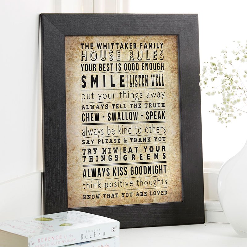 personalised family house gifts rules framed print aqua