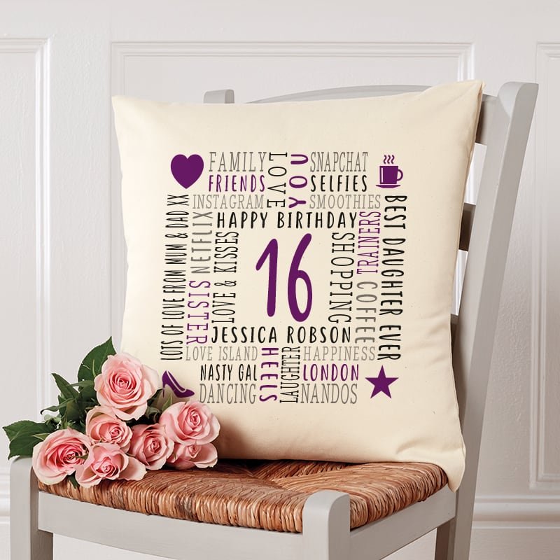 16th birthday present cushion personalised with words