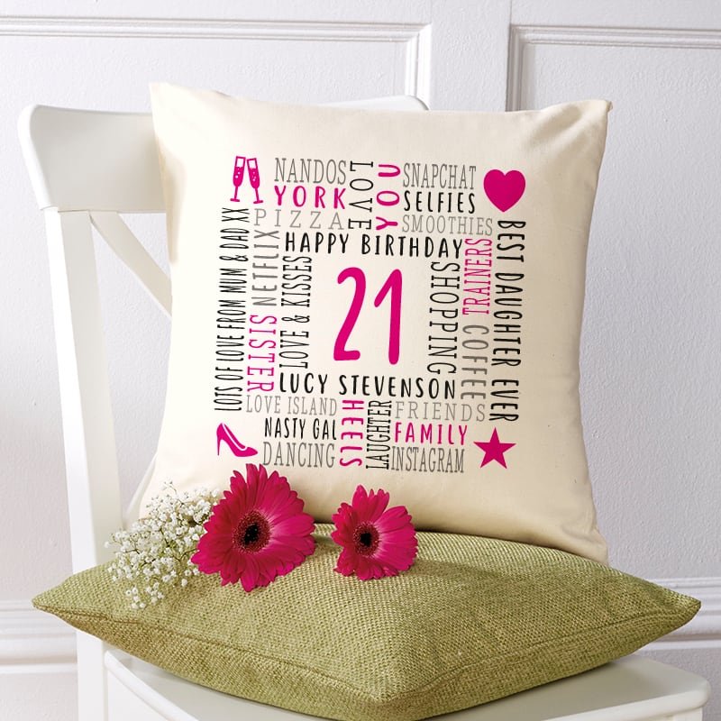 21st birthday gift cushion personalised with words