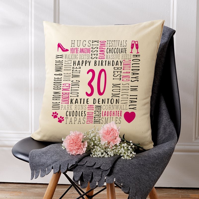 30th birthday present cushion with text