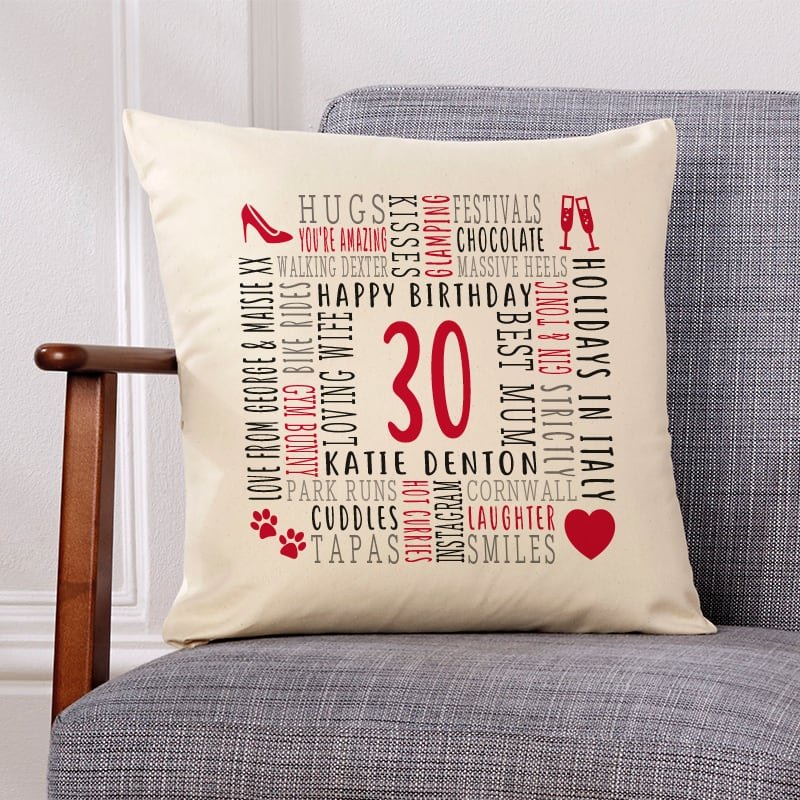 30th birthday gift cushion personalised with words