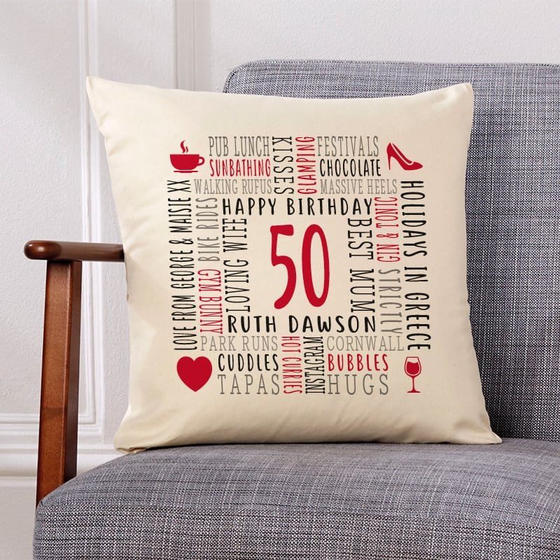 50th birthday present cushion personalised with words