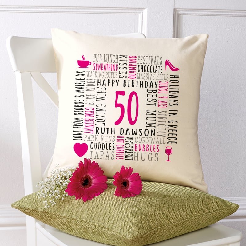 50th birthday present cushion with personalised text