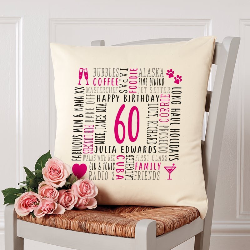 60th birthday present cushion personalised with words