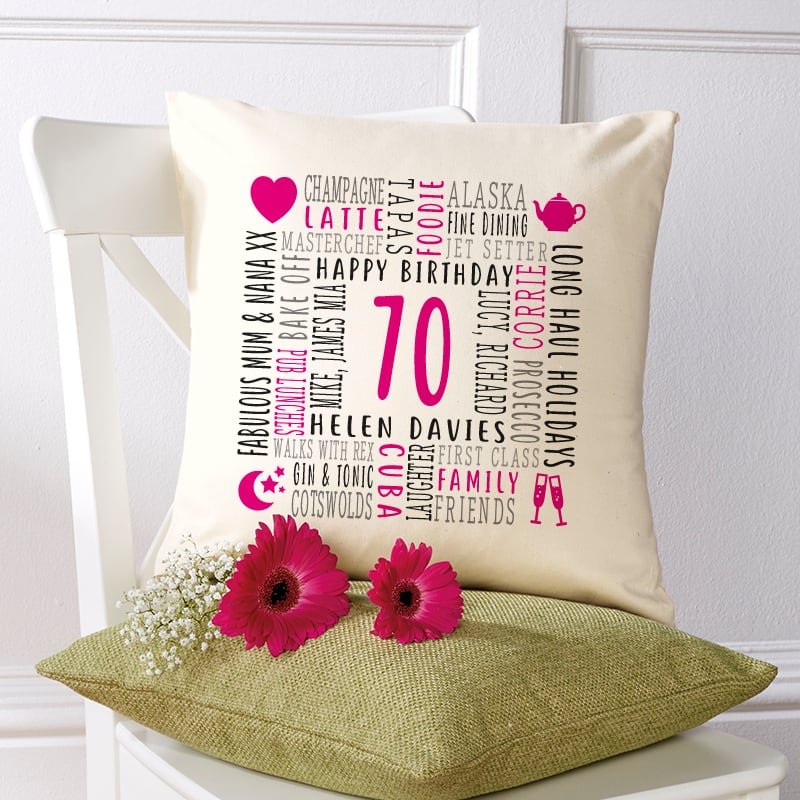 70th birthday present cushion personalised with words