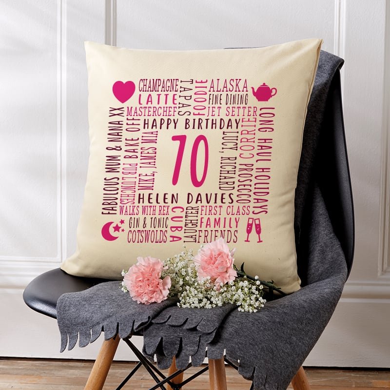 70th birthday present pillow cushion with personalised text