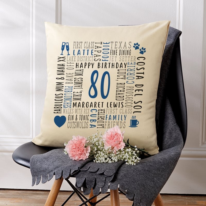 80th birthday present pillow cushion with personalised text