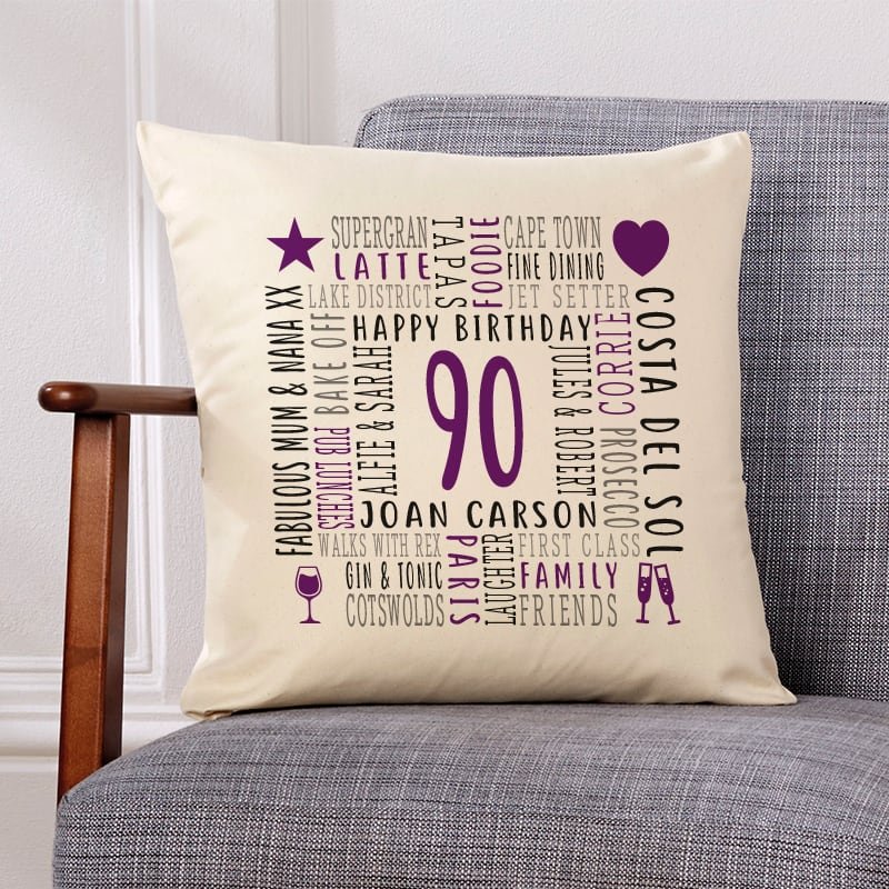 90th birthday present cushion personalised with words