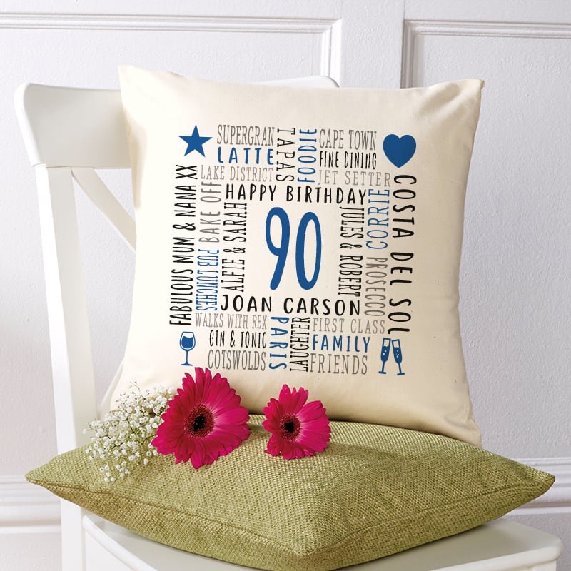 90th birthday present pillow cushion with personalised text