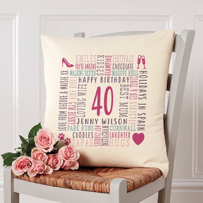 40th birthday present cushion with personalised text