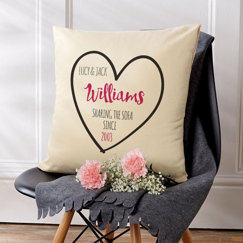 personalised cushion mr mrs sharing the sofa since
