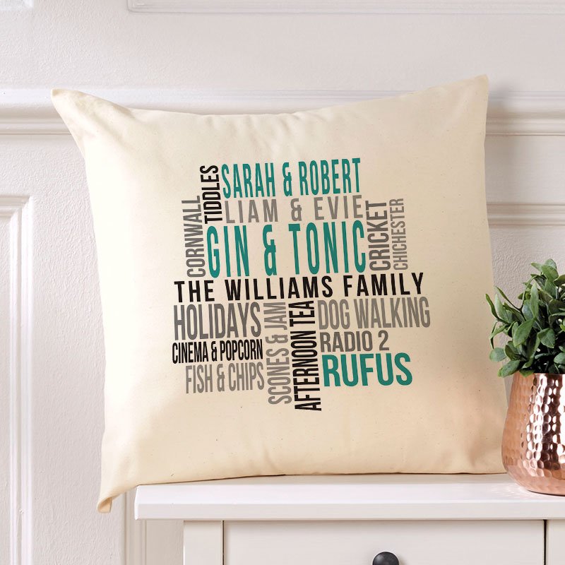 personalised cushion gin gift with words
