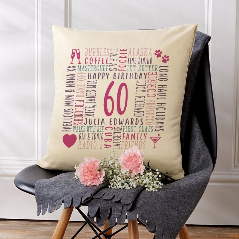 60th birthday present pillow cushion with personalised text