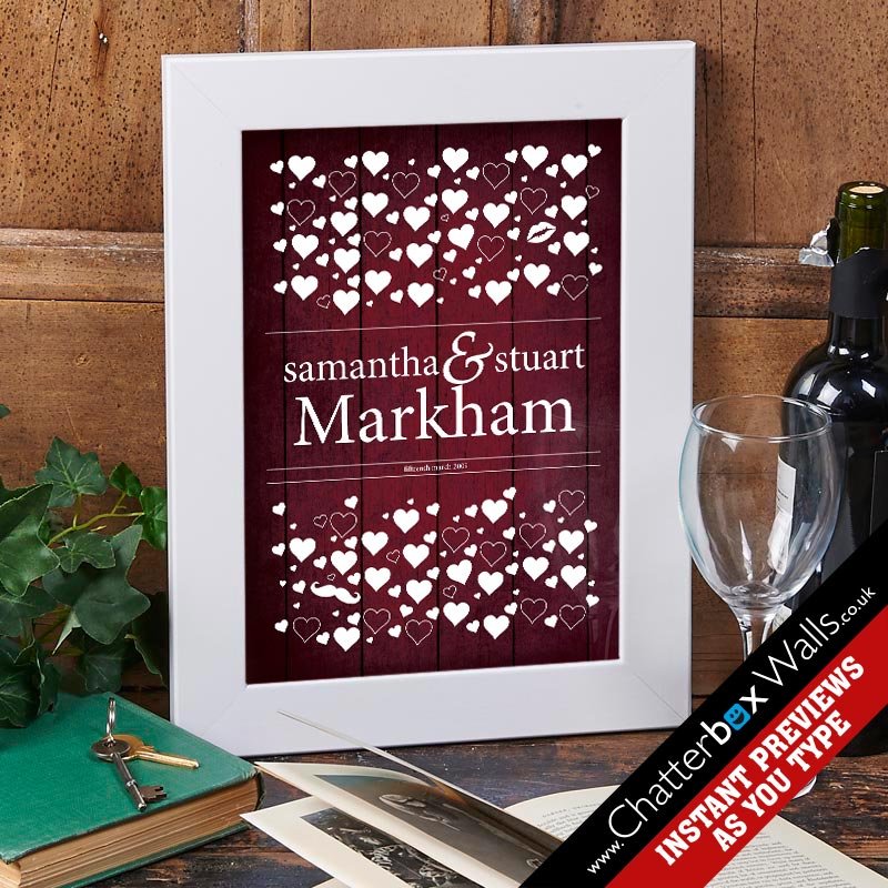 personalised love hearts wedding date framed print