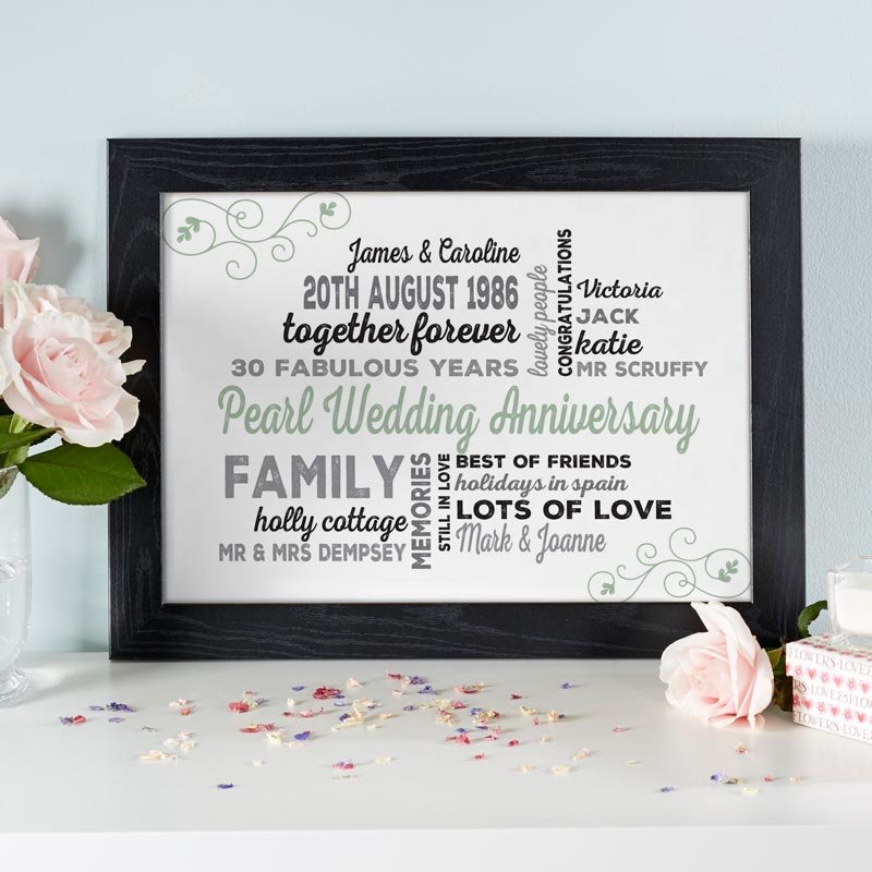 personalised gift idea for pearl wedding anniversary word art print