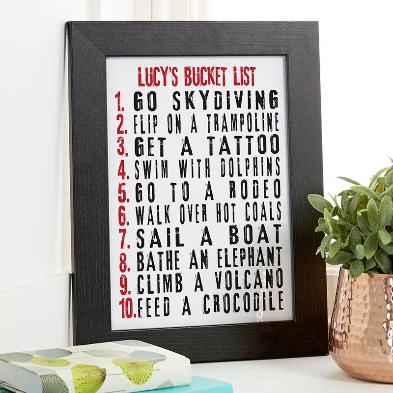 bucket list personalised gift framed word print