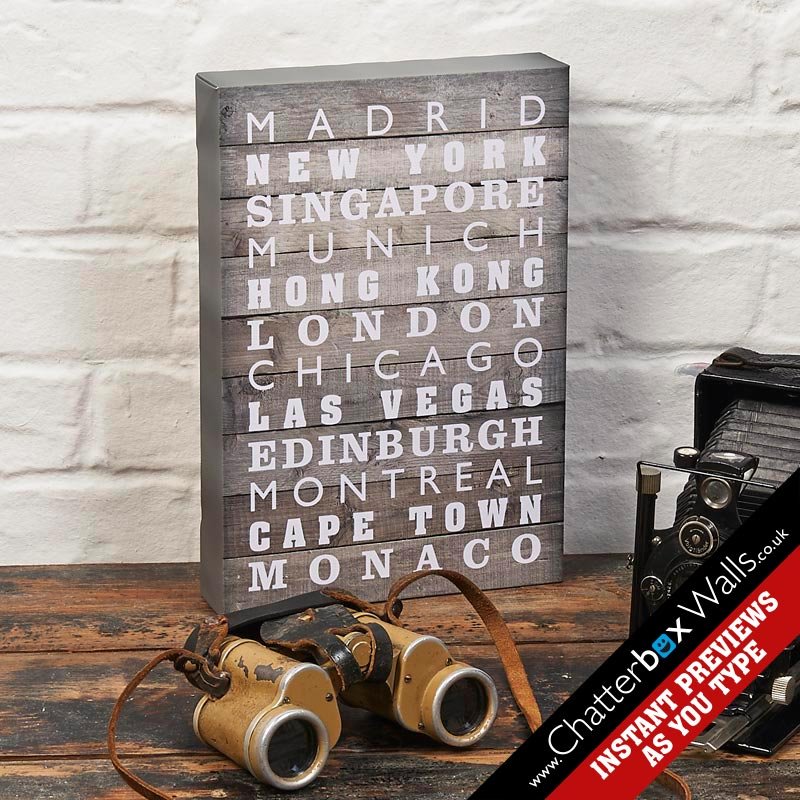 personalised typography gift special places destinations canvas aged wood