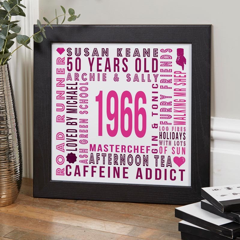 personalised 50th birthday framed word art print