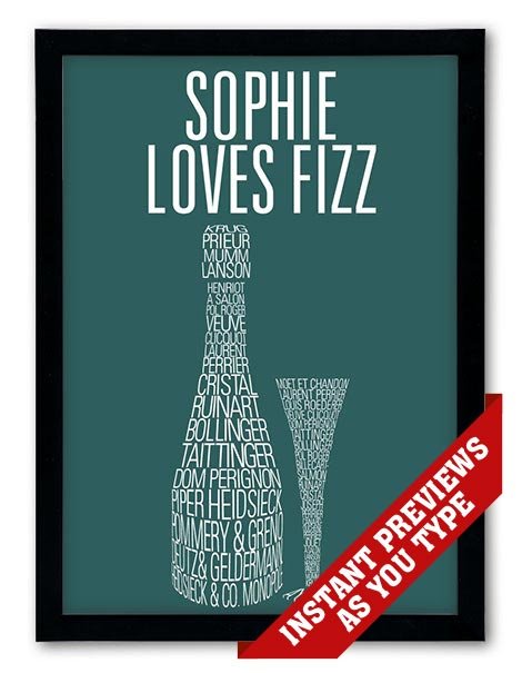 personalised Champagne bottle typographic word art print canvas