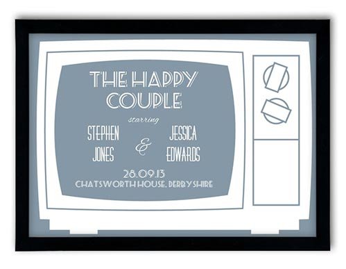 Personalised Wedding & Anniversary gift typographic word art happy couple TV
